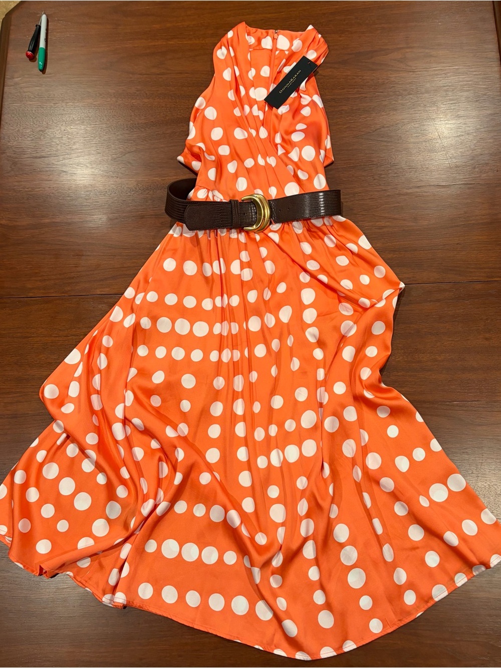 Donna Karan Orange Polka Dot Sleeveless Midi Dress with Belt